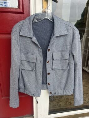 Navy Herringbone Button-Front Utility Jacket